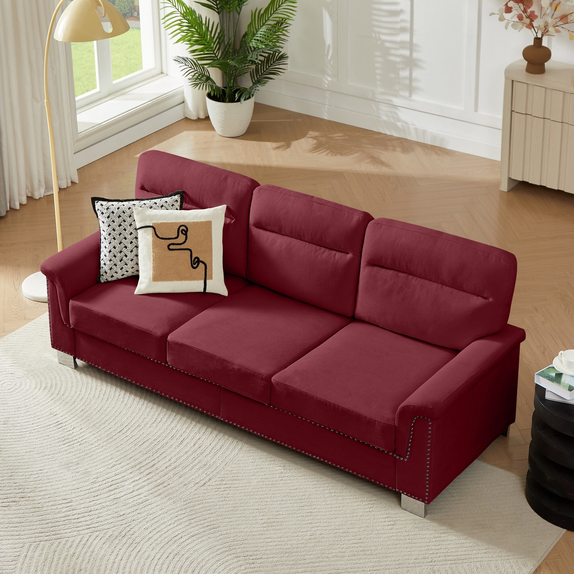 DEALTOPS 82" Modern Ice & Snow Velvet 3-Seater Sofa — Living Room Couch with Rolled Arms & Nailheads, Burgundy