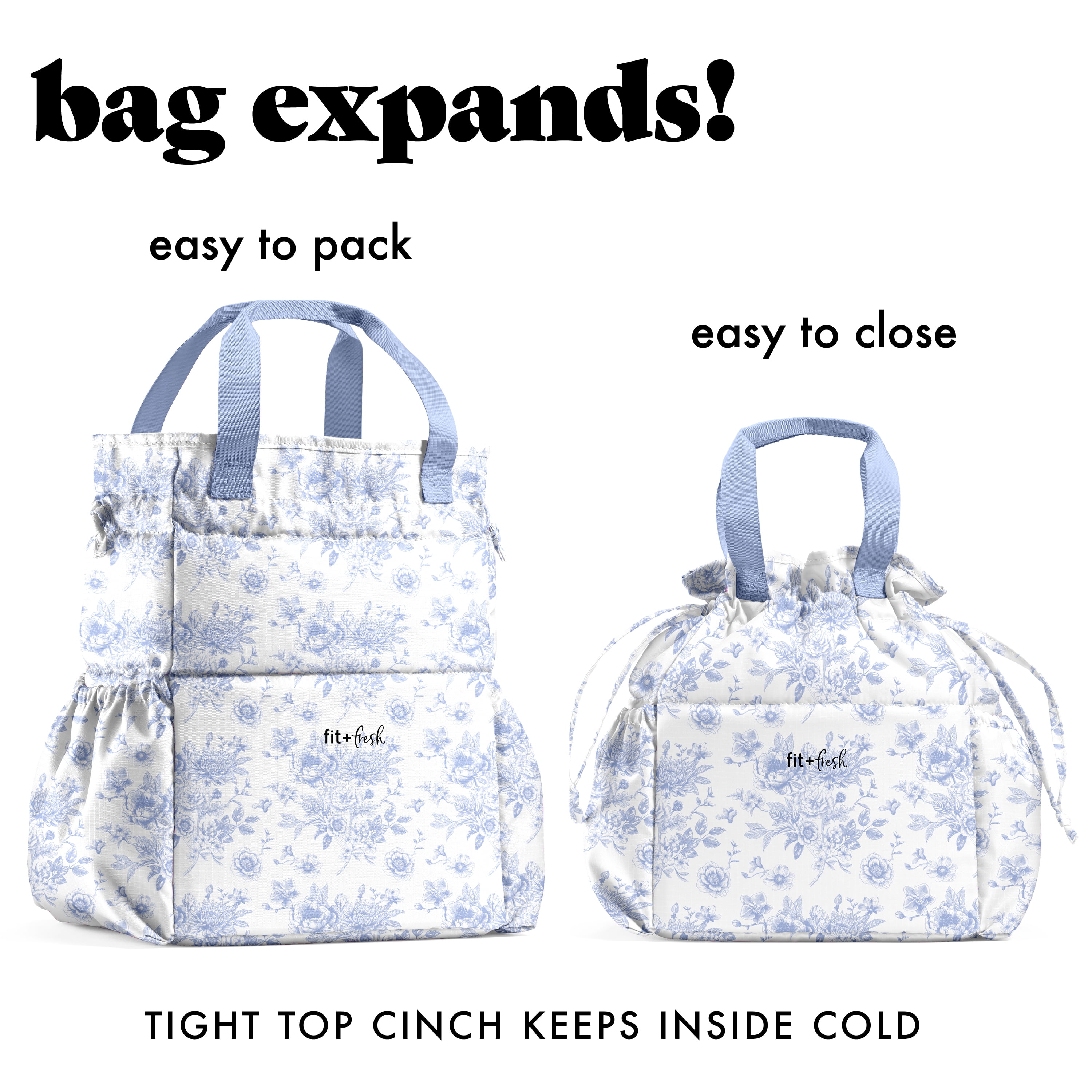 Fit + Fresh Cromwell Women's Lunch Bag, Cinch Closure Lunch Box With Containers, Cornflower Toile