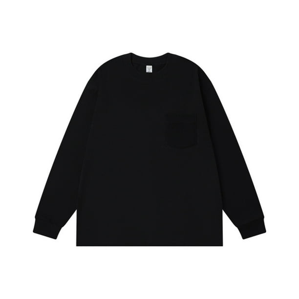 pstuiky camisa de manga larga para hombre, Camiseta informal de manga larga con cuello redondo y bolsillos de color liso para hombre salir tops l