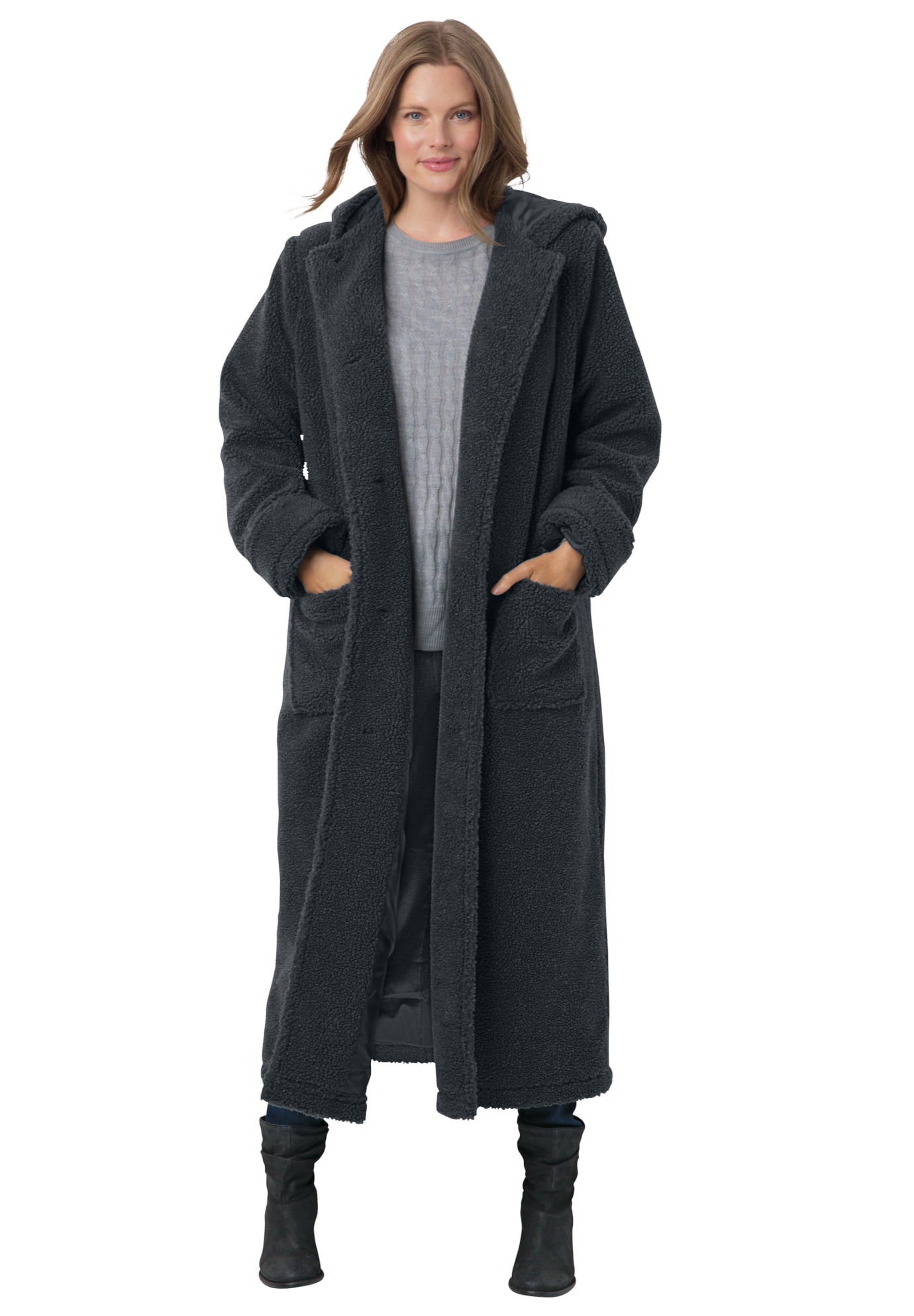 Woman Within Womens Plus Size Long Hooded Berber Fleece Coat