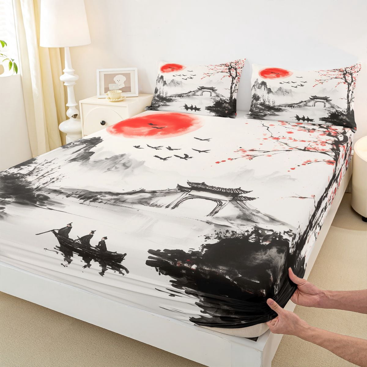 Manfei Ink Red Sun Boat Queen Sheet Sets for Girls Women, Plum Tree Bed Set, Black Red White 4 Pieces, 1 Flat Sheet, 1 Fitted Sheet and 2 Pillowcases