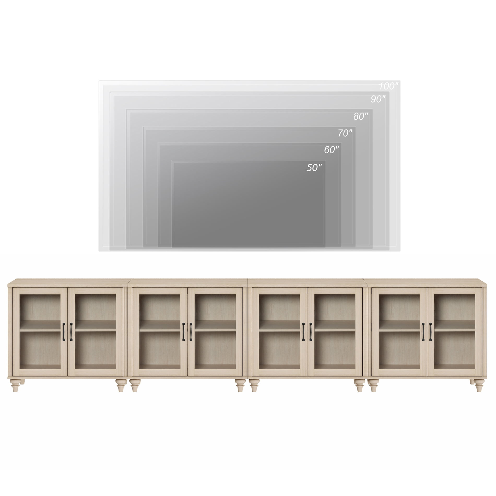 100" TV Stand, Ample Storage Cabinet with 8 Glass Doors, Wooden Entertainment Center Storage Cabinet for Living Room or Dining Room or Bedroom, Beige