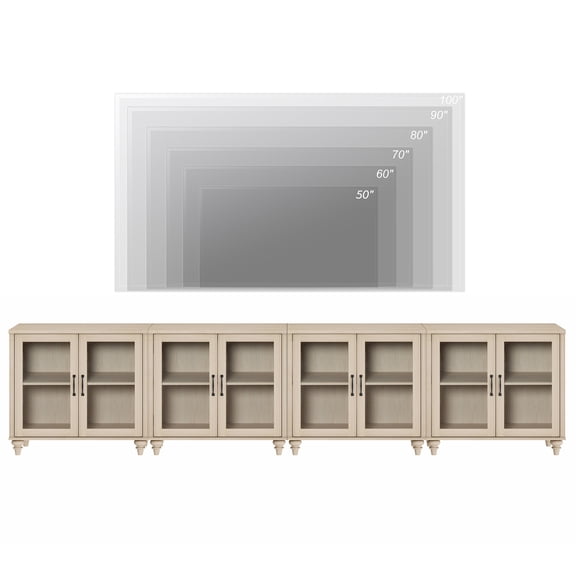 4-in-1 TV Stand, Wood Console Table Storage Cabinet for Living Room, Kitchen Sideboard Buffet Cabinet With Glass Door for Dining Room, Beige