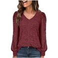 thumbnail image 3 of BiZtdJrK Women's Dressy Casual Lace Long Sleeve Shirts Ribbed Knit V Neck Sweaters Loose Crewneck Pullover Tops Fashion Streetwear, Wine, XXL, 3 of 8