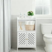 YOYTOO Bathroom Floor Storage Cabinet, 4 Tier Free Standing Shelving Unit Organizer Stand with 2 Doors 4 Shelves for Small Spaces, White