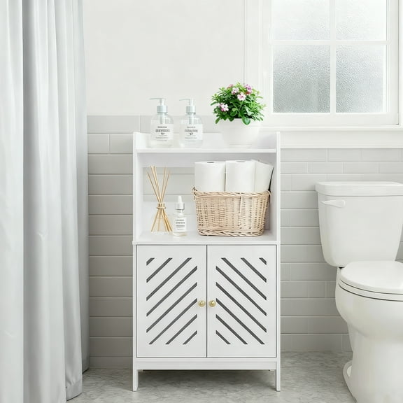 YOYTOO Bathroom Floor Storage Cabinet, 4 Tier Free Standing Shelving Unit Organizer Stand with 2 Doors 4 Shelves for Small Spaces, White