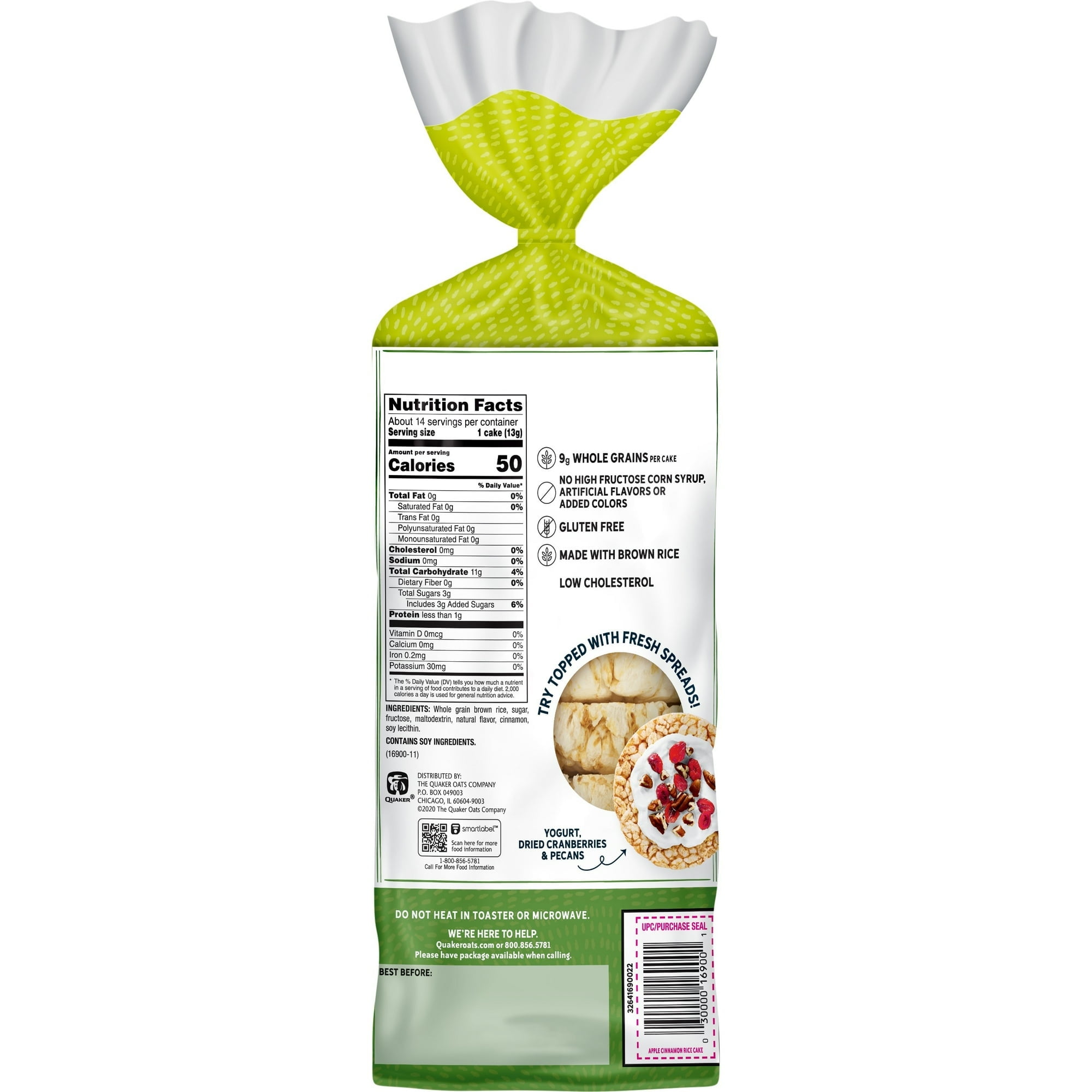 5 Pack Of Quaker Apple Cinnamon Rice Cakes, Gluten-Free Snack, 6.53 oz Bag, With Olive Green Bowl By ValueNest
