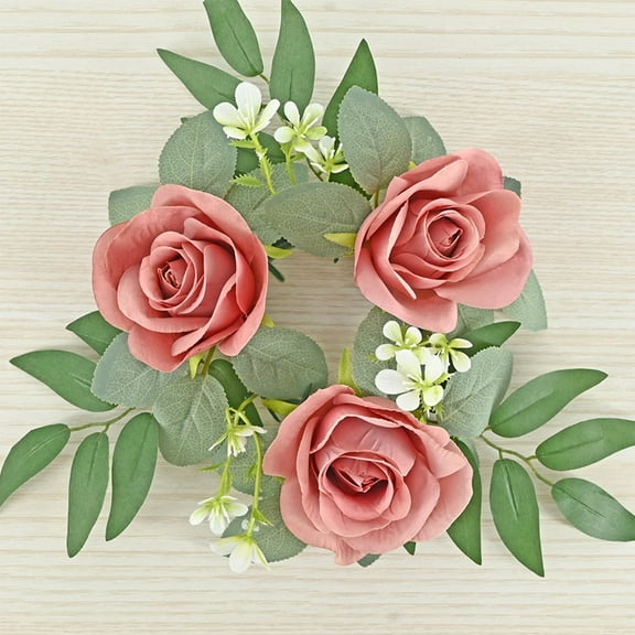 Specollect Clearance 3Pcs Red Rose Candle Rings Wreaths Artificial Flowers with Green Leaves Floral Table Pillar Centerpiece Mini Rings Garland for Wedding Home Party Table Wreath Candle Holder Décor