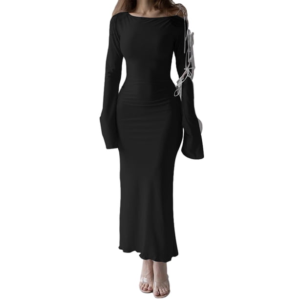 Vestido largo ajustado con cordones, vestido largo para mujer, vestido de fiesta elegante para club Kuymtek Negro T L para Mujer