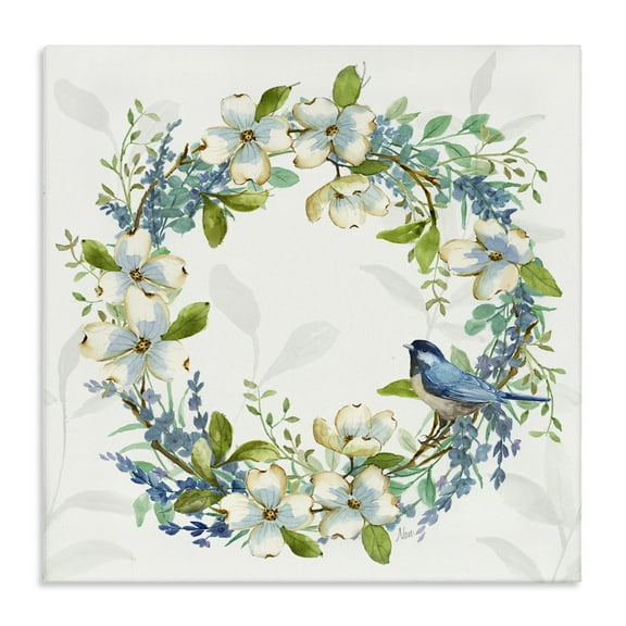 Stupell Industries Dogwood Wreath & Bluebirds Plants & Flowers Painting Wrapped Canvas Art Print Wall Art, 17 x 17