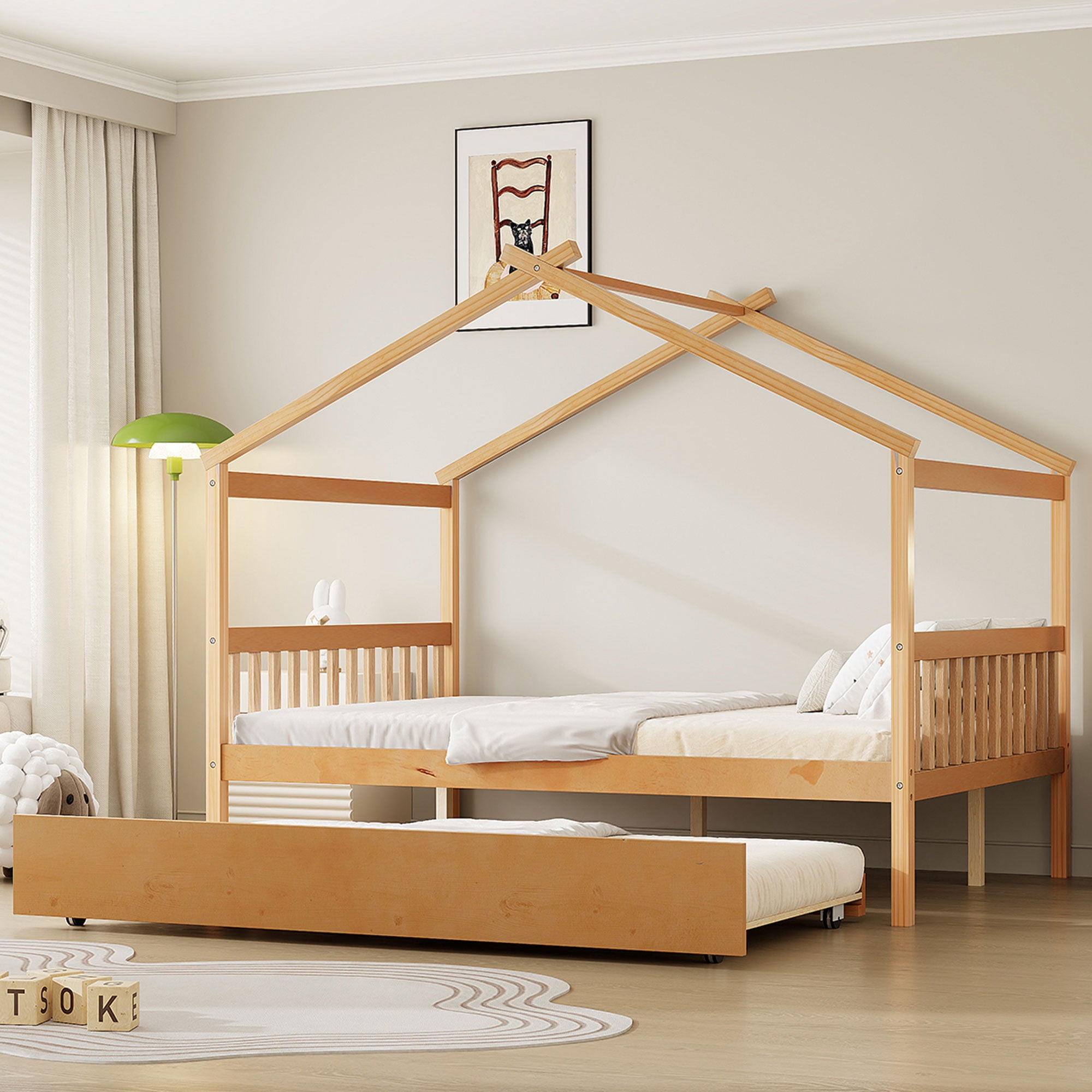 Sailvan Full Size Wooden House Bed with Twin Size Trundle