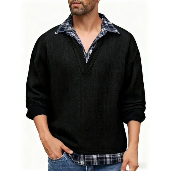 GuangCheng Men's Long Sleeve Tops Fake Layer Plaid Collar Knit V Neck Casual Tops,Soft,Comfort,Warm Loose Fit,Solid Base Shirts,Black,Size 2XL