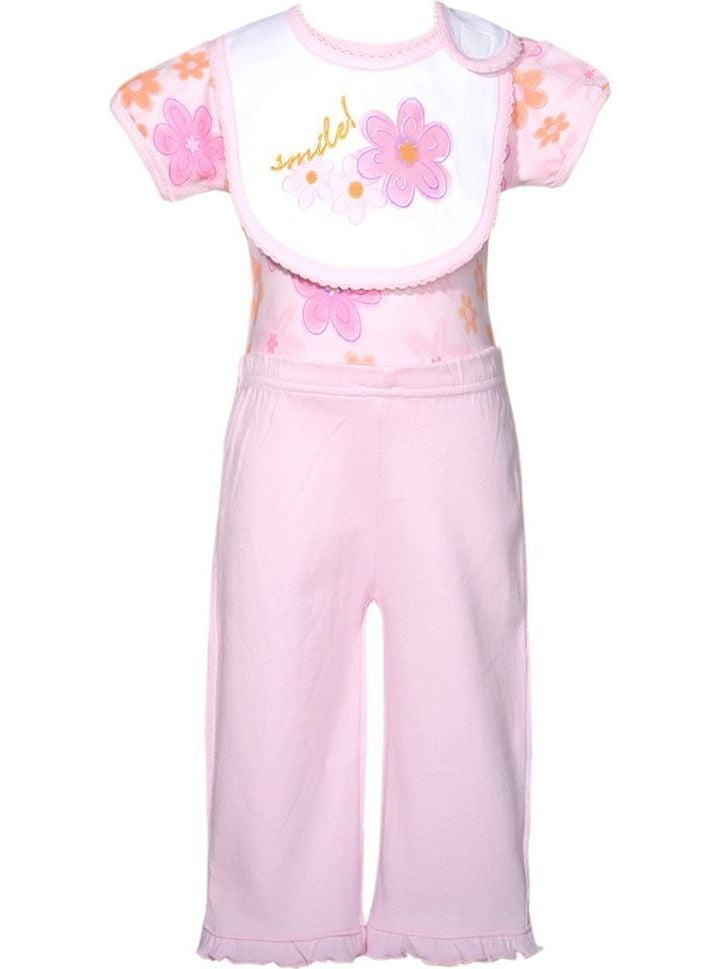 Mon Cheri Pink Flower Smile Motif 3 Pc Layette Bib Set Baby Girl 0-3M by Consolidated Clothiers