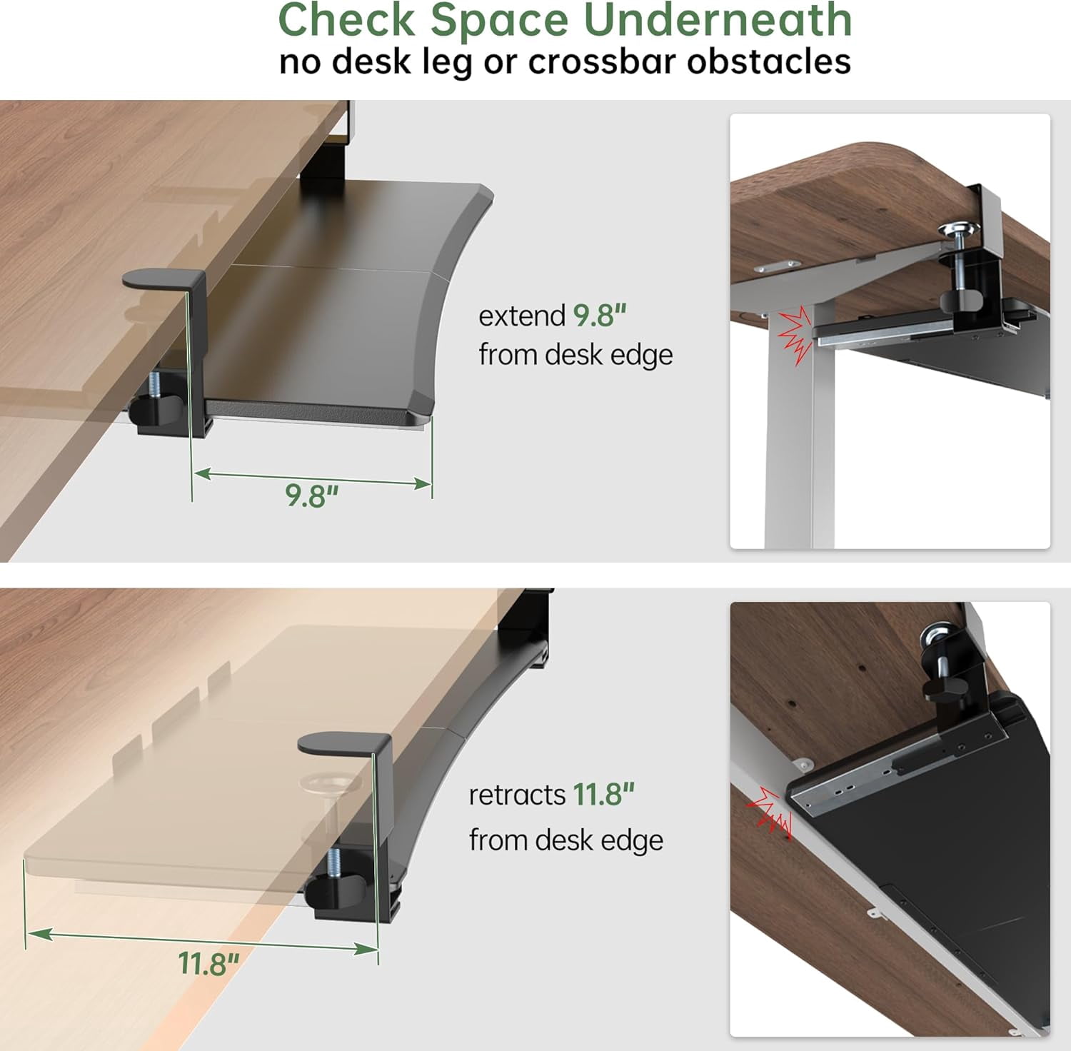 Extra Large Keyboard Tray Under Desk - Slide Out with Sturdy C-Clip Mount System, 31.5" (35.8" Including Clamps) x 11.8" Put-Out Keyboard Tray Computer Drawer for Ergonomic Typing