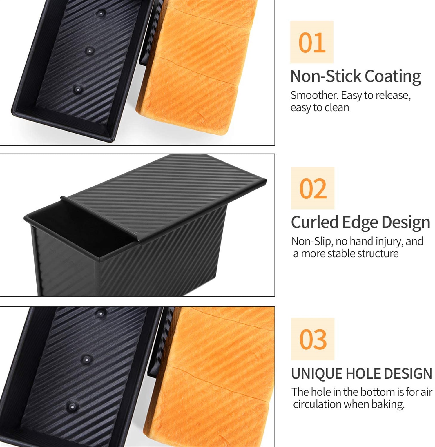 Kepooman Kitchen Carbon Steel Toast Box with Lid for Baking Bread, Black Kepooman Kitchen Carbon Steel Toast Box with Lid for Baking Bread, Black
