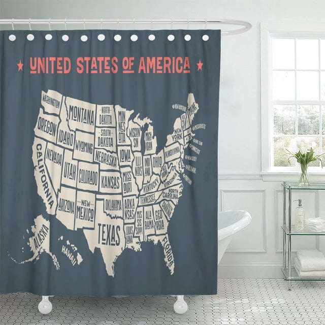 ABPHQTO Mapa de Estados Unidos América Nombres Cortina de ducha en blanco y negro 152x180 cm ABPHQTO PKNMT60x72Shower-6776
