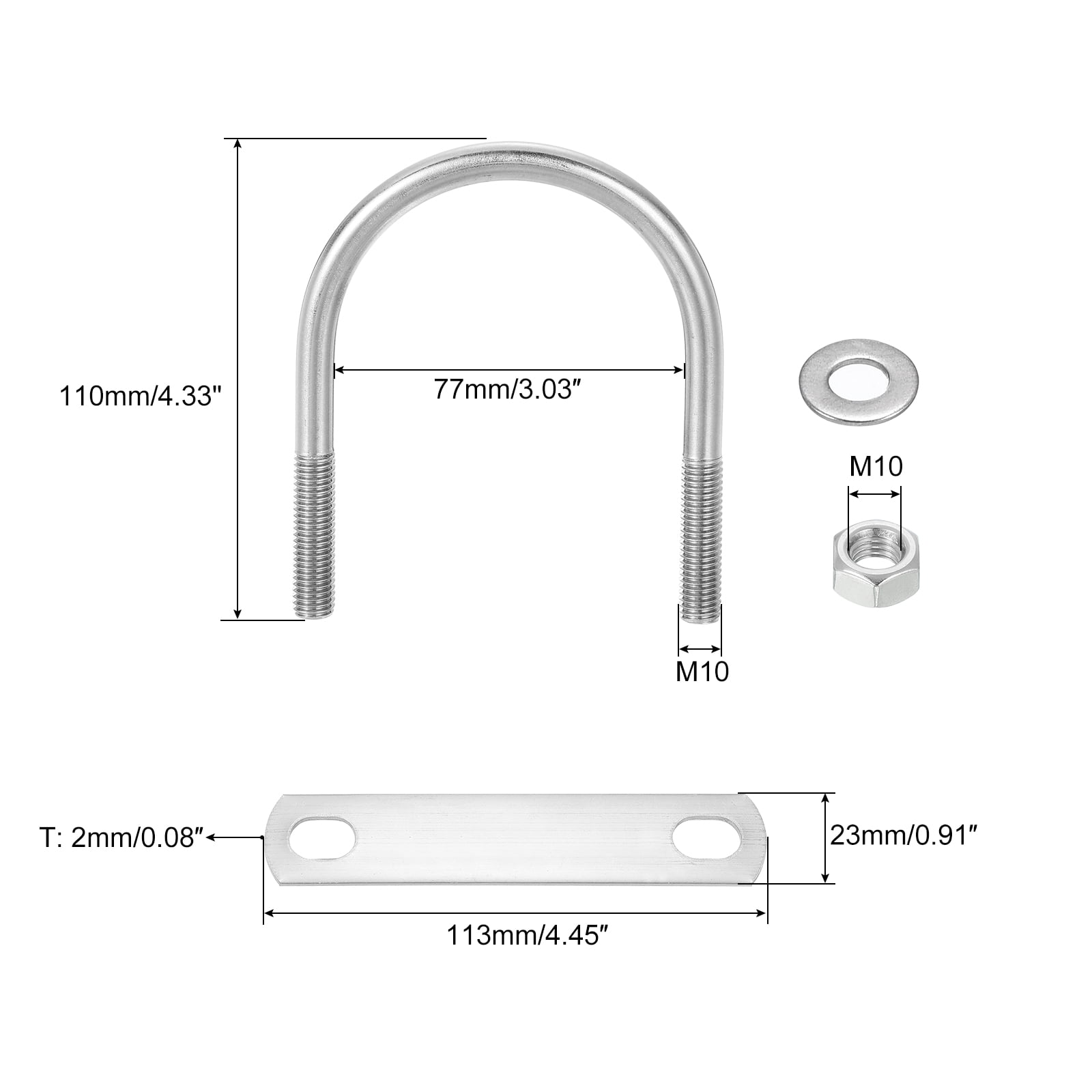 Round U-Bolts, 8 Sets 75mm(2.95") Inner Width 110mm Length M10 304 Stainless Steel U Clamp Bolt with Nuts and Plates