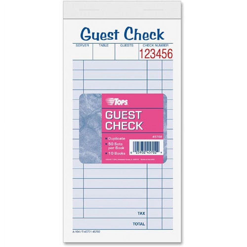 TOPS 2-part Carbonless Guest Check Books 2 Part - 3 3/8" x 5 1/2" Sheet Size - Blue, Green, Red Print Color - 10 / Pack