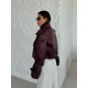 thumbnail image 1 of Chaqueta corta de cuero con solapa para mujer, abrigo elegante de manga larga con bolsillos, ropa de calle alta, Color sólido, Otoño, 2024, 1 of 5