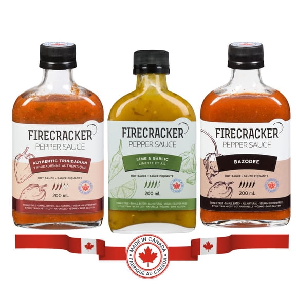 Firecracker Pepper Sauce The Trinity Trio - 3 Pack Set - Includes Authentic Trinidadian 200ml,  Lime & Garlic 200ml, Bazodee  200ml