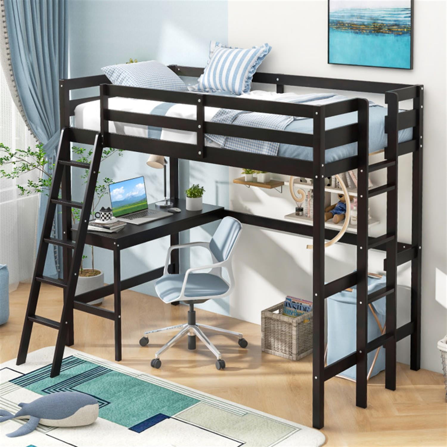 Demi Bonn Loft Bed Twin Size, Solid Wood Loft Bed with Desk Angled and Built-in Ladder, Modern Wooden Playhouse Bed Frame, Brown