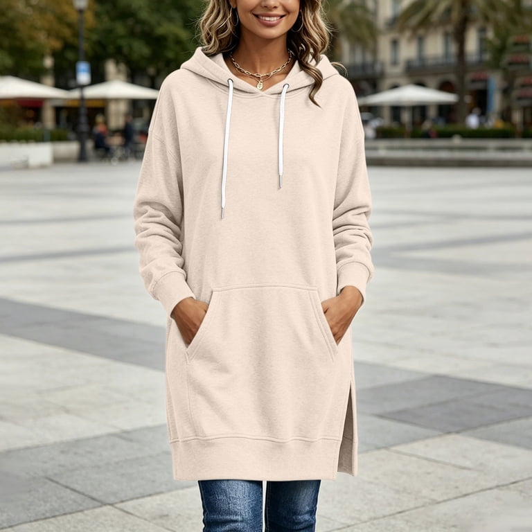 ladies sweatshirt dress Miluxas Hoodie for Women Dress Oversized Casual Split Hem New Fall Winter Pullover Dresses with Pockets Khaki, Women's, Size: Small SPRINGJEANS