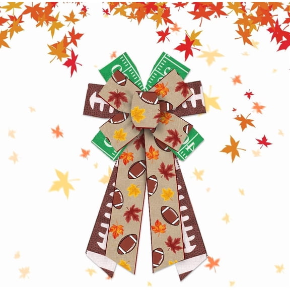 Hsomely Large Fall Wreath Bow, Thanksgiving Green Natural Burlap Maple Leaf Football Design, Farmhouse Tree Decor for Front Door Fall Decorations