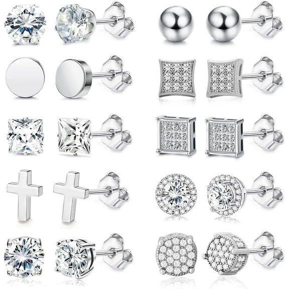 10 Pairs Best Stud Earrings for Men High-Grade Stainless Steel Studs Earrings for Men Women Cross CZ Round Black Earrings CZ Inlaid[g220]