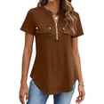 thumbnail image 3 of Womens Tops Dressy Casual Blouse Shirts Short Sleeve Zip Front Business Tops for Women Work Summer Tops Brown M, 3 of 5