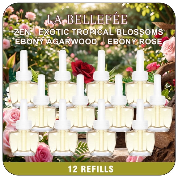 Plug-In Refills Air Freshener, 12-Pack with Zen Meditation, Tropical Blossoms, Oud Wood & Oud Rose Scents for Home & Office, Compatible with Air Wick & Glade