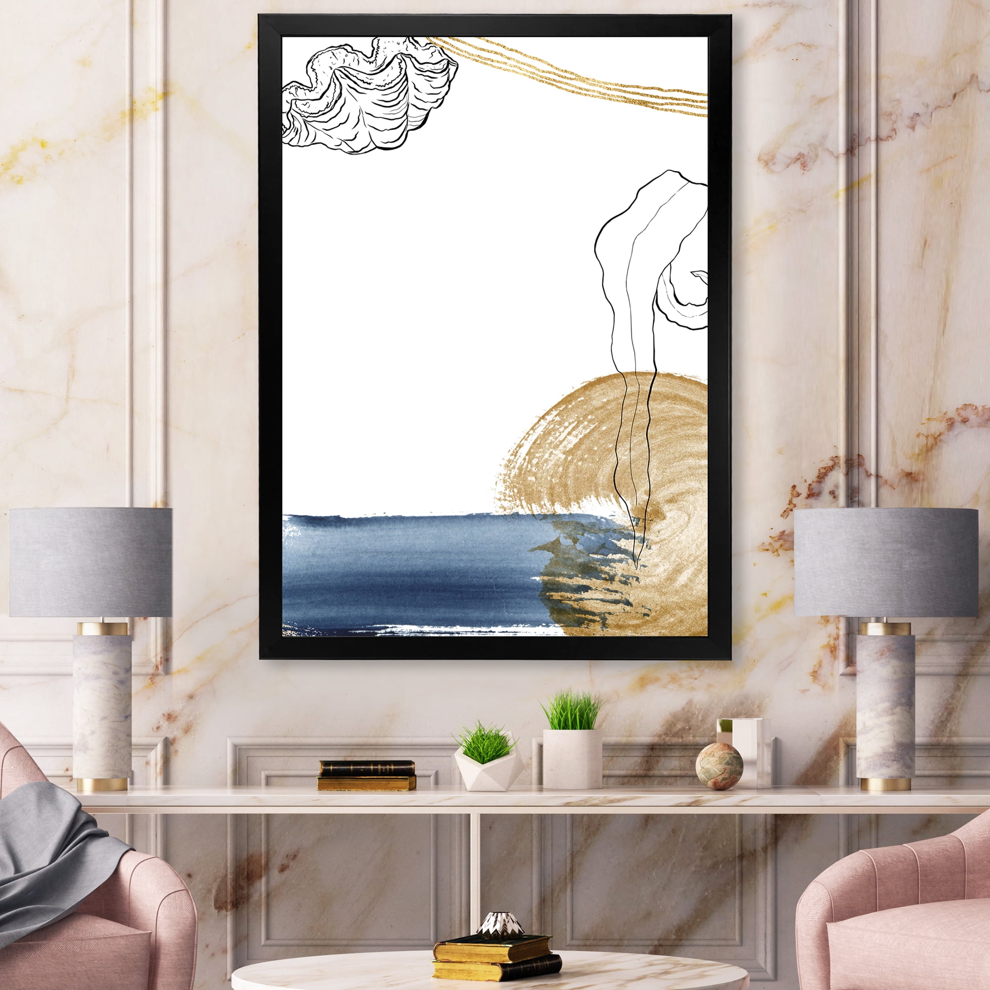 Designart 'Golden Marine Shell Classic Blue Abstract ' Farmhouse Framed Art Print