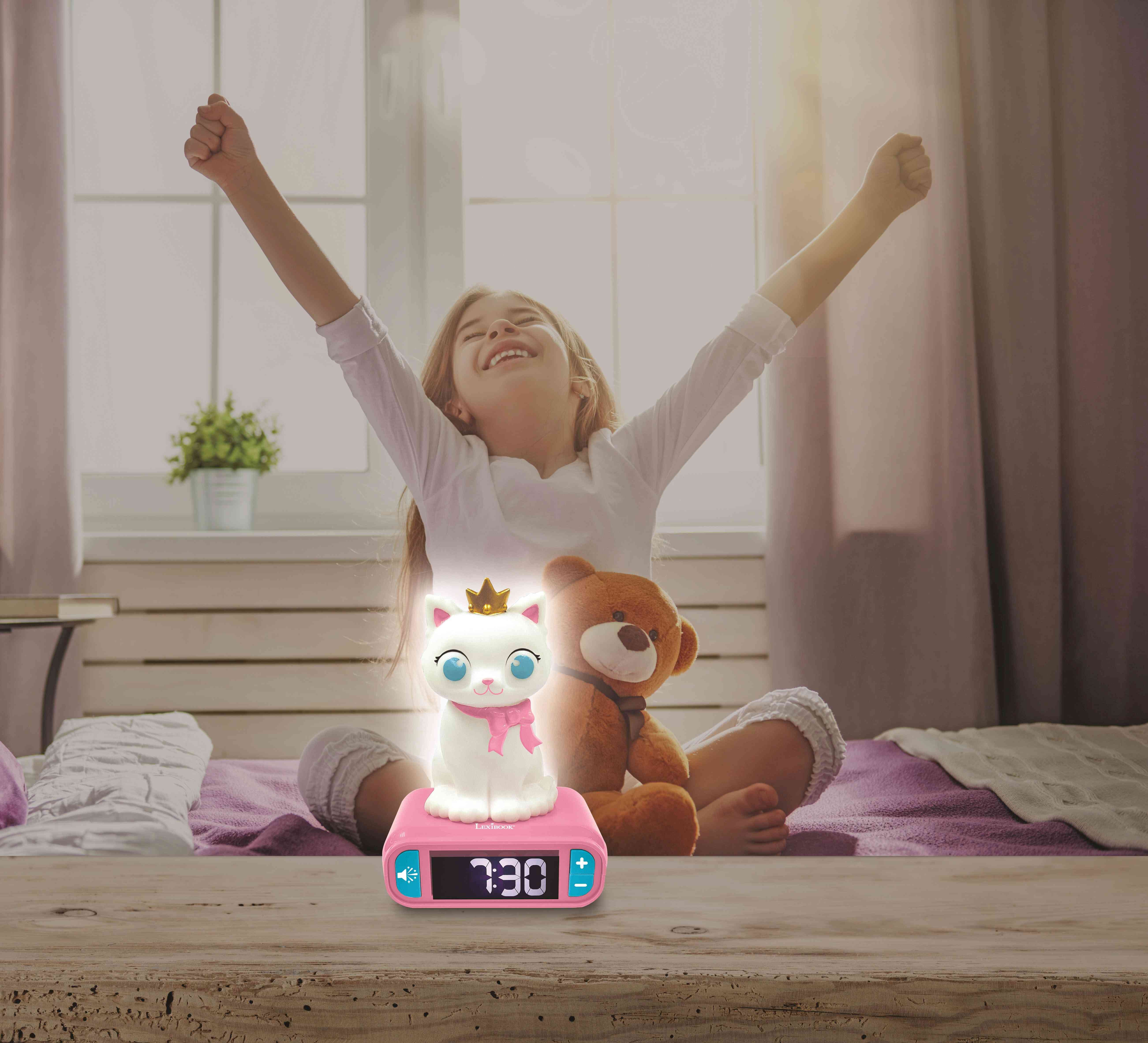 Lexibook - Kitten Digital Alarm Clock for Kids with Night Light Snooze, Childrens Clock, Luminous Cat, White and Pink Colours