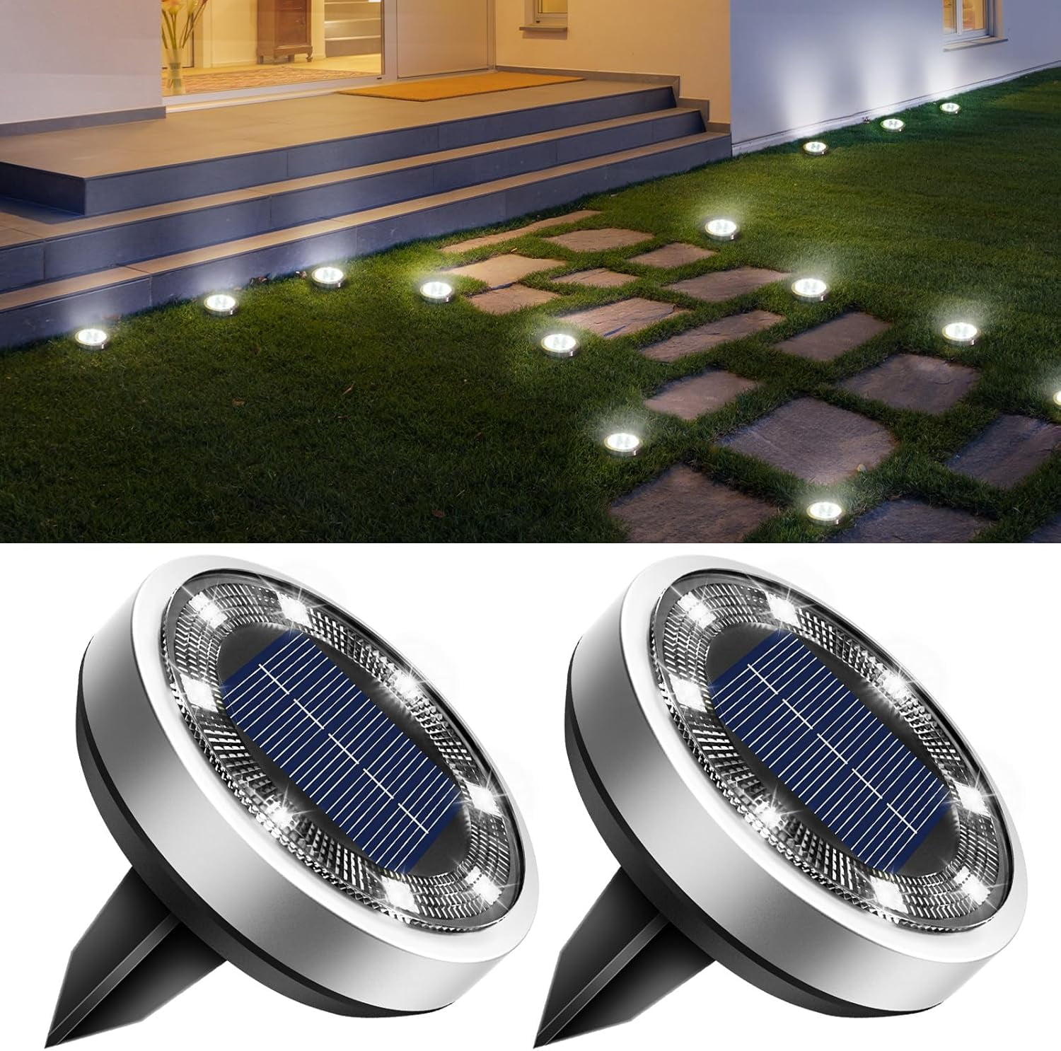 BTFARM Solar Lights Outdoor, 2 Pack 8 Led Solar Ground Lights Ip65 Waterproof Flat Solar Disc Light, Pathway Lights for Garden Lawn Patio Yard Path Landscape, Cool White