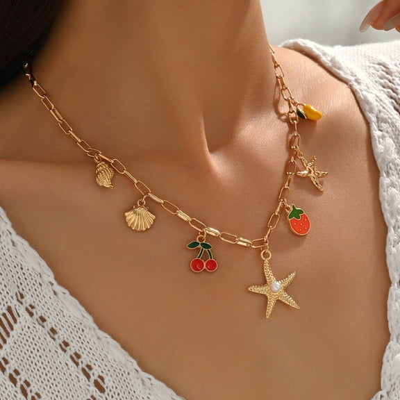 NICKSUN Shell Starfish Necklace for Women, 14k Gold Plated Boho Layered Beaded Charm Pendant Necklace, Dainty Adjustable Imitation Pearl Conch Summer Beach Vacation Jewelry Gifts