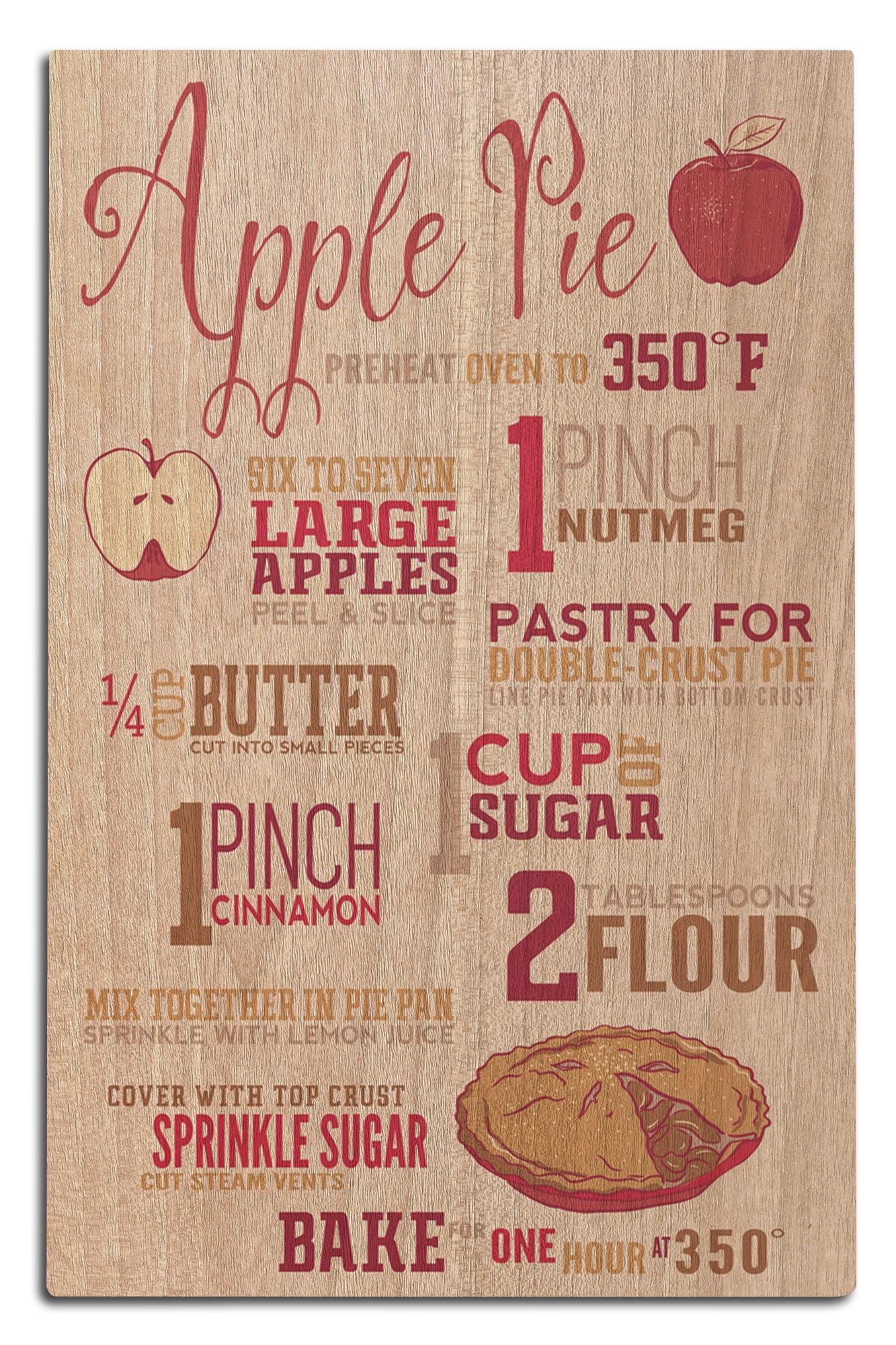 Apple Pie Recipe, Typography Birch Wood Wall Sign (12x18 Rustic Home ...