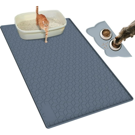 Cat Litter Mat, ODDPC Large 34" X 22" Cat Litter Mat,Silicone Litter Cat Mat with Food Mat, Water Proof&Easy to clean,Grey