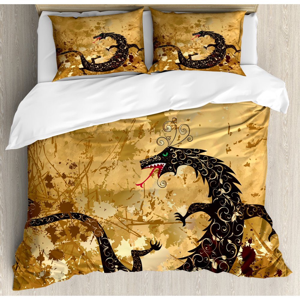 Dragon Duvet Cover Set, Reptile Dragon Grunge Floral Ornate Ancient