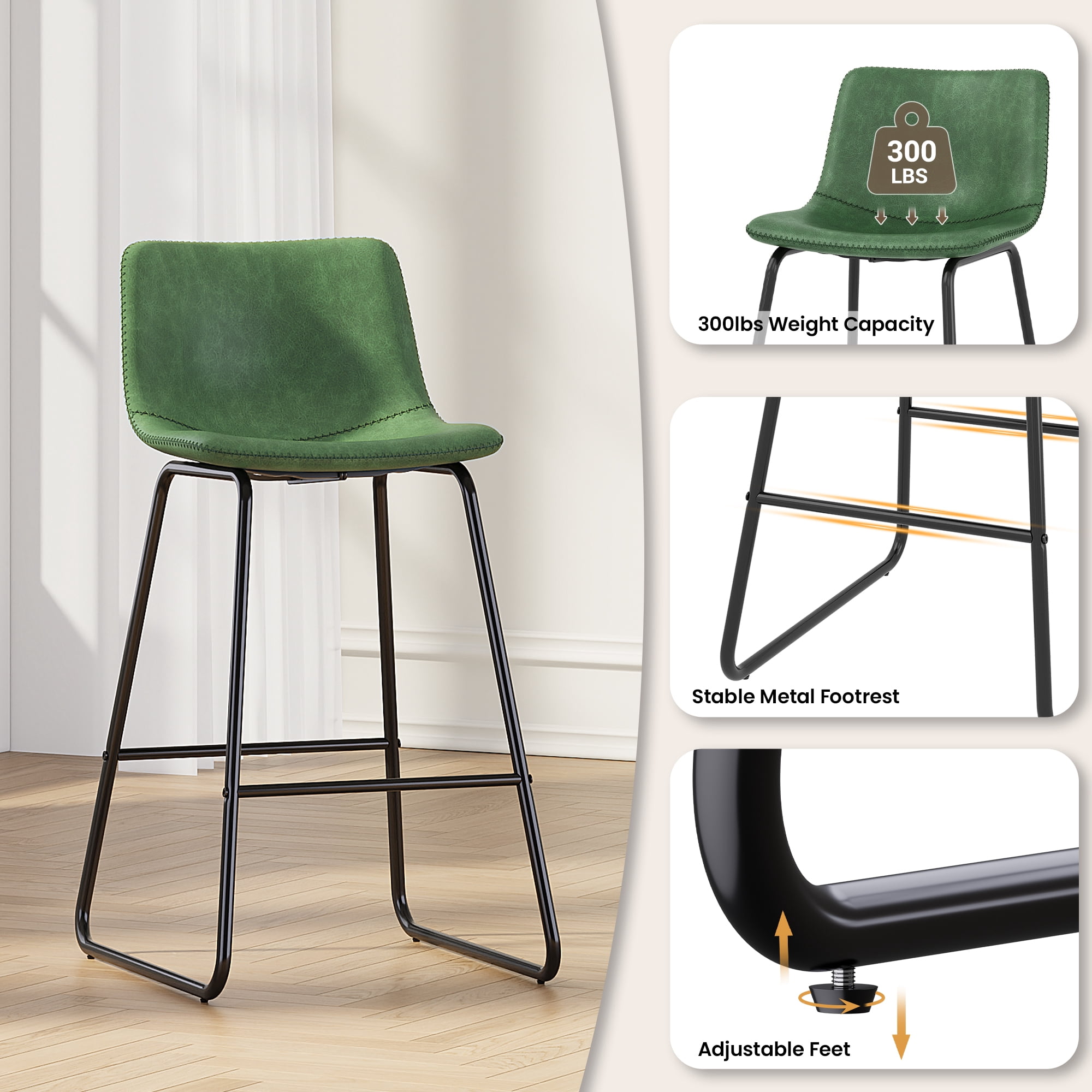 Aufeile 26" Counter Height Bar Stools Set of 3 – Modern Faux Leather Barstools with Back & Metal Legs, Kitchen Bar Chairs for Island, Dining Room, Green