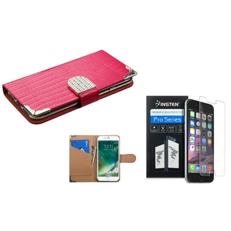 Pink Leather Skin - Insten for iPhone 7 - Clear Screen Protector + Hot Pink Crocodile Skin Wallet Leather Case (with Metal Diamonds Buckle)