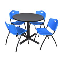 Cain 42" Grey Round Breakroom Table and 4 'M' Stack Chairs, Multiple Colors