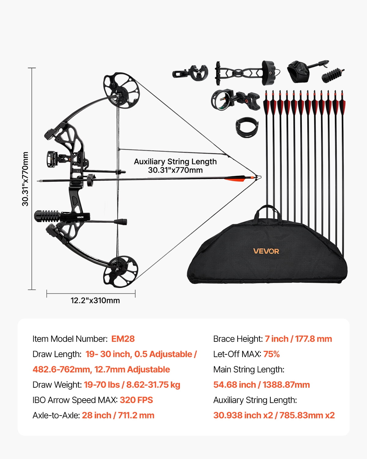 VEVOR Compound Bow Archery, Adjustable 19-30 in Draw Length Compound Bow Package for Beginner, 19-70 Lbs Draw Weight Archery Bows and Arrow Set, Right Hand Kit with Hunting Equipment, 320 fps, Black