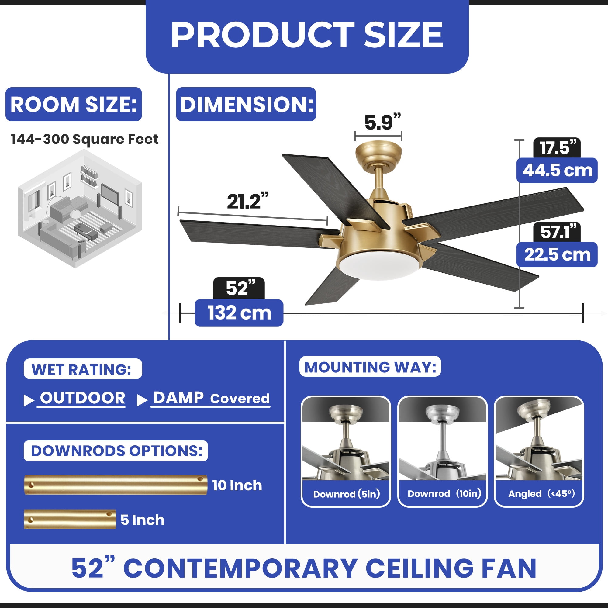 ModFusion 52-Inch LED Ceiling Fan with Remote, Dimmable Lights, 6-Speed, Gold & Black Wood Grain, Timer, Reversible Function, Wall Control