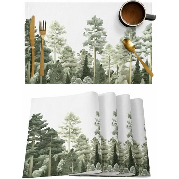 Placemats Set of 6, Cotton Linen Heat Table Mats Non-Slip Washable Green Pine Tree Forest Watercolor Hand Drawn Placemat for Holiday Banquet Dining Kitchen Table Decor