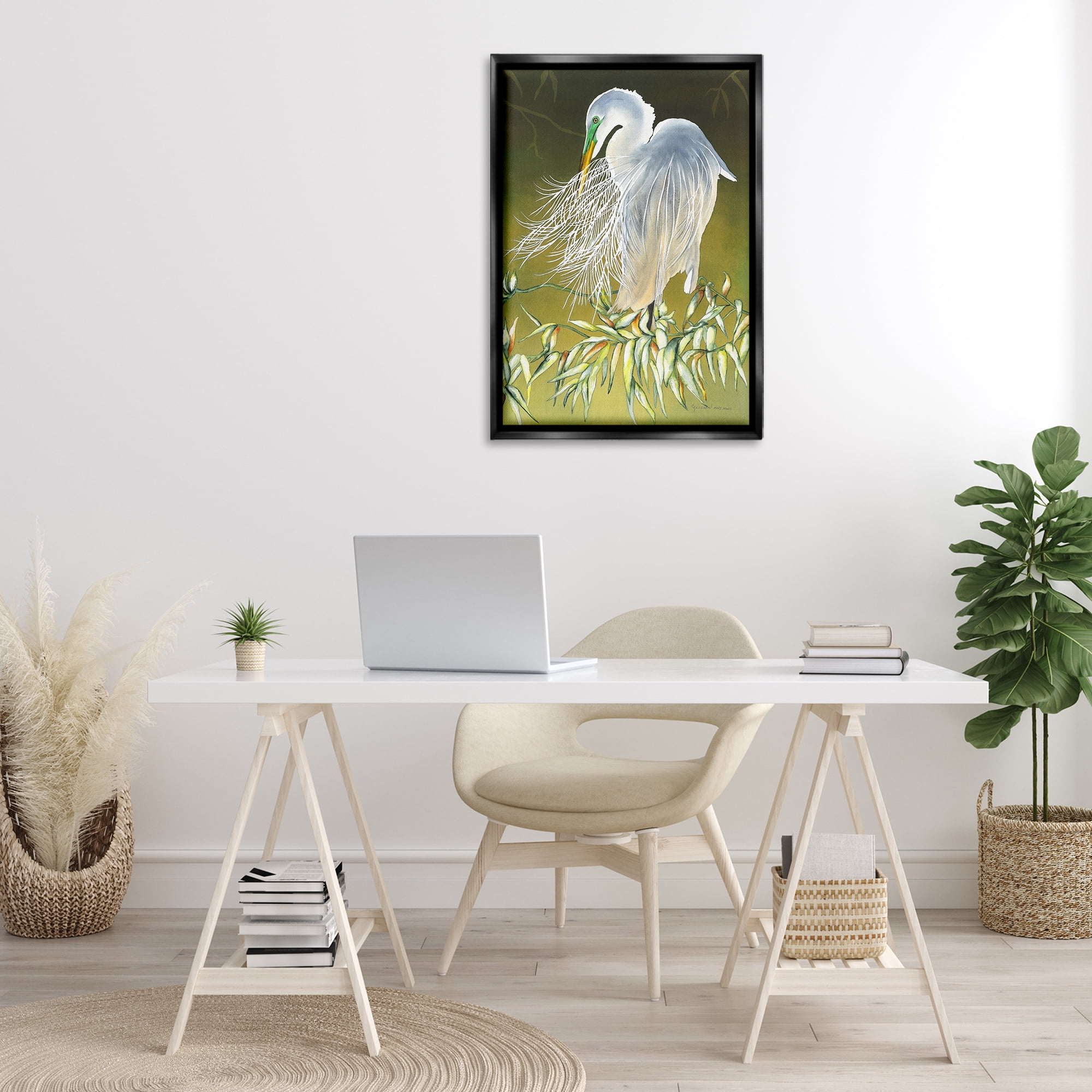 Stupell Industries Heron with Detailed Feathers Animals & Insects Painting Black Floater Framed Canvas Art Print Wall Art, 21 x 31