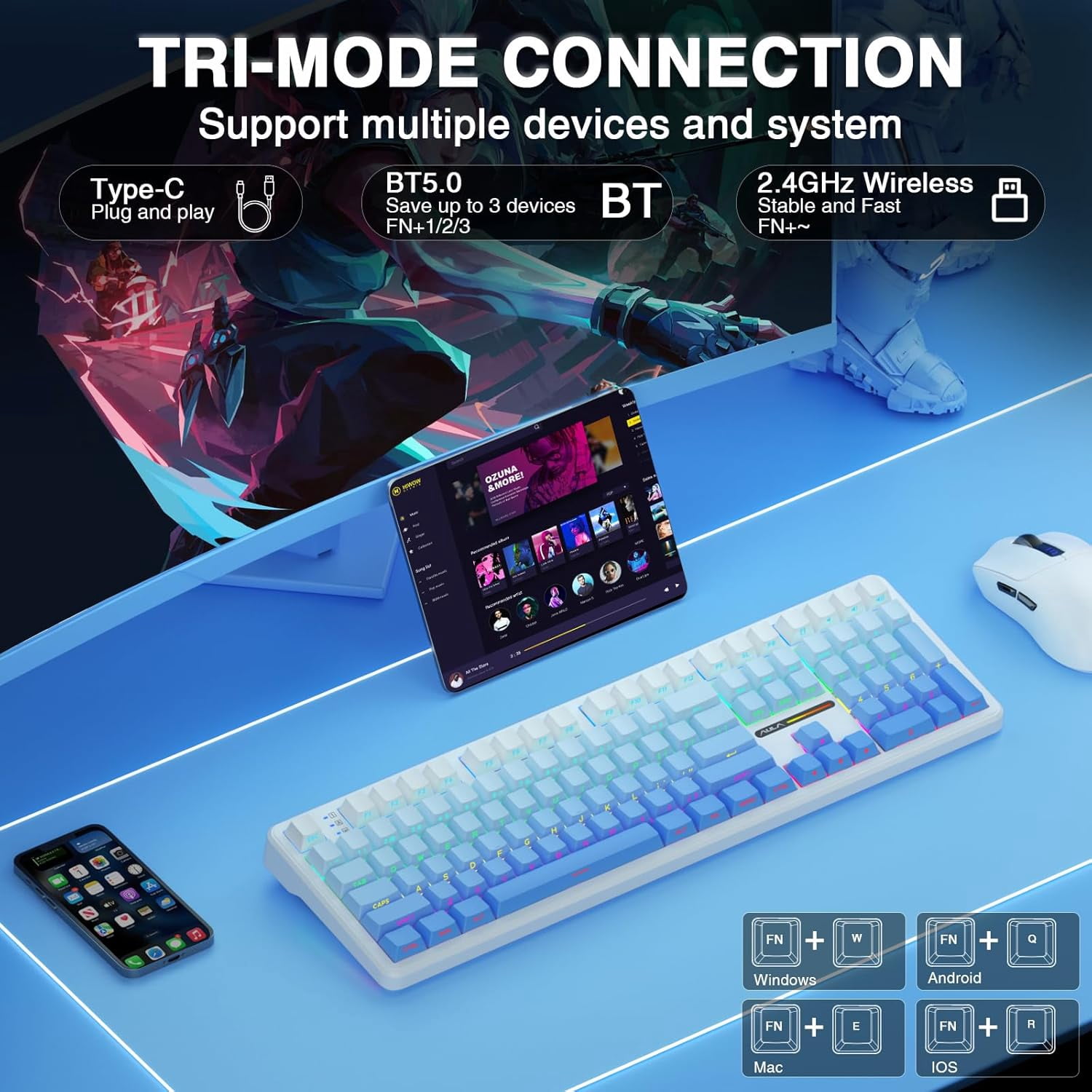 Restored Aula F108 Wireless Mechanical Keyboard, BT5.0/USB-C/2.4GHz Hot Swappable Custom Gaming Keyboards, PBT Keycaps, Pre-lubed Switches, RGB Backlit Full Size Creamy Keyboard with Number Pad (Refurbished)