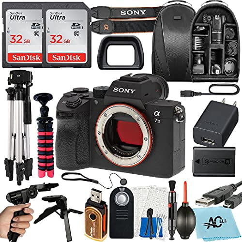 Sony Alpha a7 III Full Frame Mirrorless Digital Camera (Body Only) 24MP with 2 Pack SanDisk 32GB Memory Card, Backpack, Tripod and A-Cell Accessory Bundle (Black)