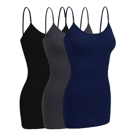 

Essential Basic Women Basic Built In Bra Spaghetti Strap Cami Top Tank - 3 Pk Charcoal Navy Black M