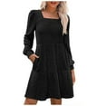 thumbnail image 5 of Efsteb Fall Fashion 2025 Womens Long Sleeve Dresses Casual Square Neck Sweater Dress Lantern Sleeve Pocket Knitted Striped Dress (Black,S), 5 of 7