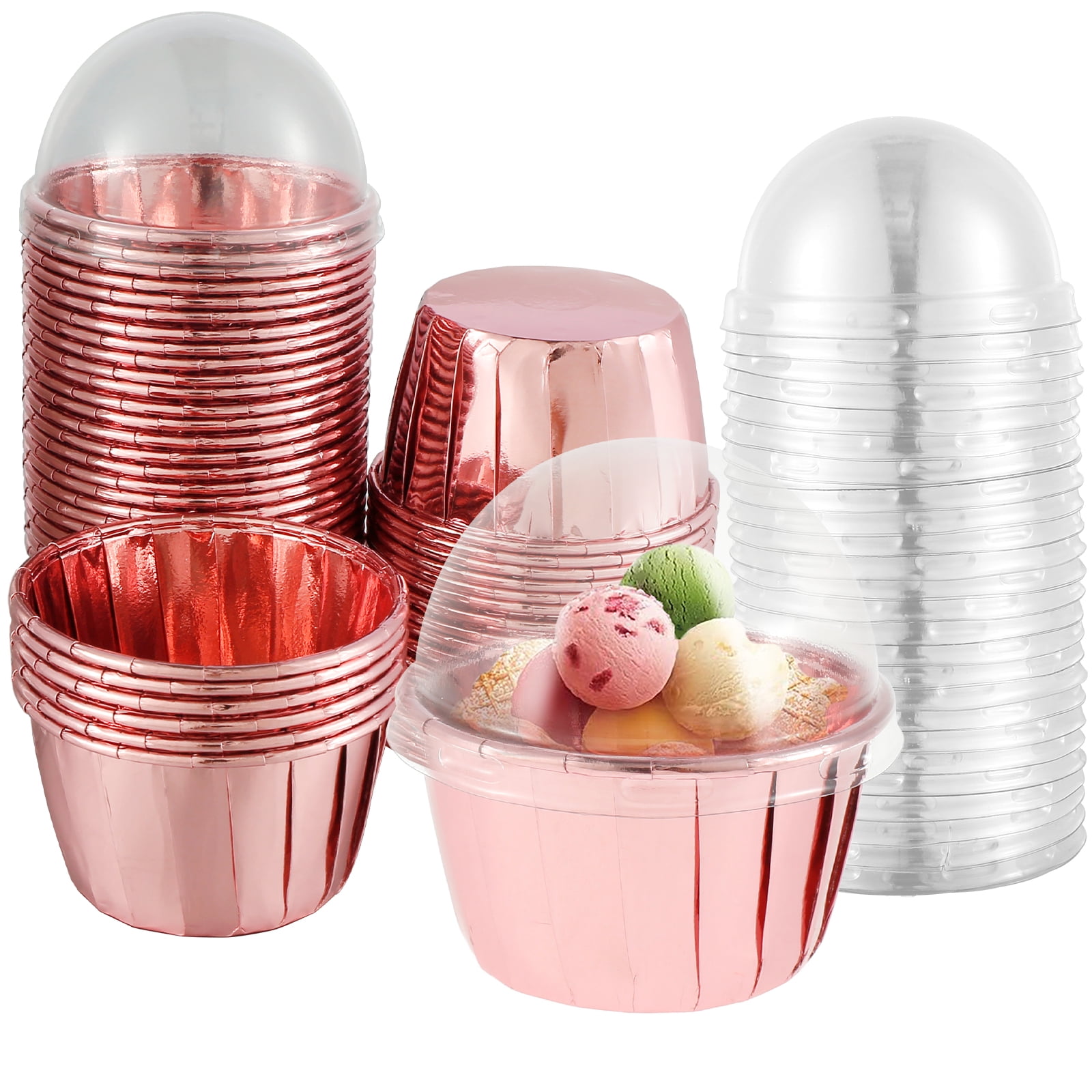 Kyoffiie 50PCS Foil Cupcake Liners with Lids Heat Resistant 5.5oz Cake