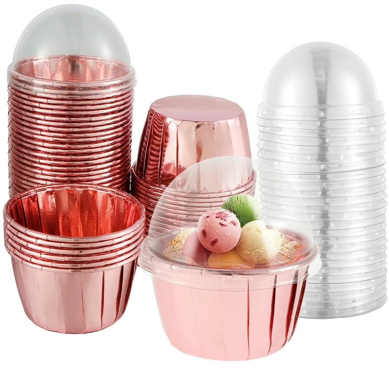 Threns 50pcs Foil Cupcake Liners with Lids Heat Resistant 5.5oz Aluminum  Cake Cups Portable Foil Baking Cups for Home Kitchen 